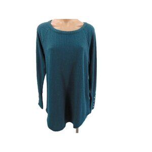 Chaser Green Waffle Knit Tunic Shirt XL Round Neck Button Cuffs Long Sleeve